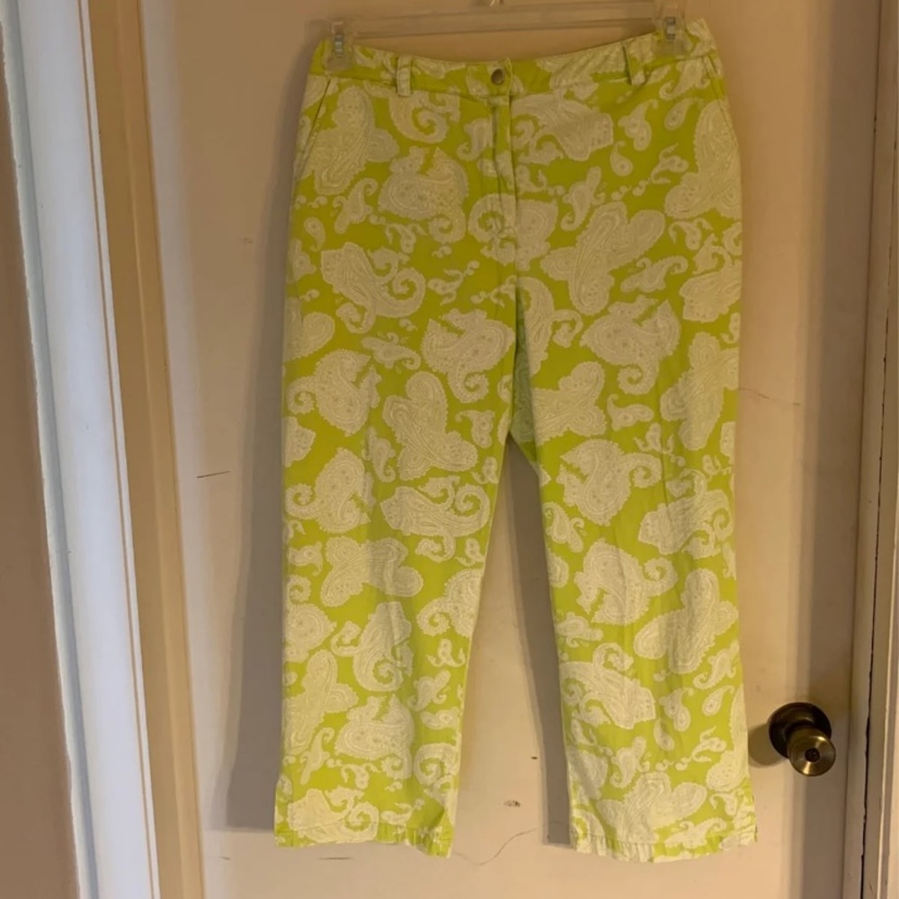 Evan Picone Lime Green & White Paisley Stretch Cotton Capris 10